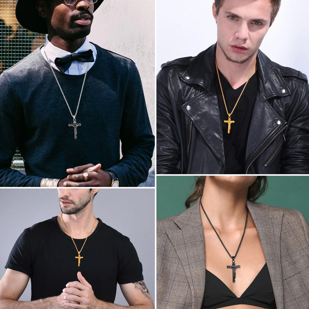 Cross Necklaces for Men Stainless Steel INRI Crucifix Pendant Necklace Jesus Piece Christian Religious Birthday Easter Basket Stuffers Jewelry Gifts Him Son