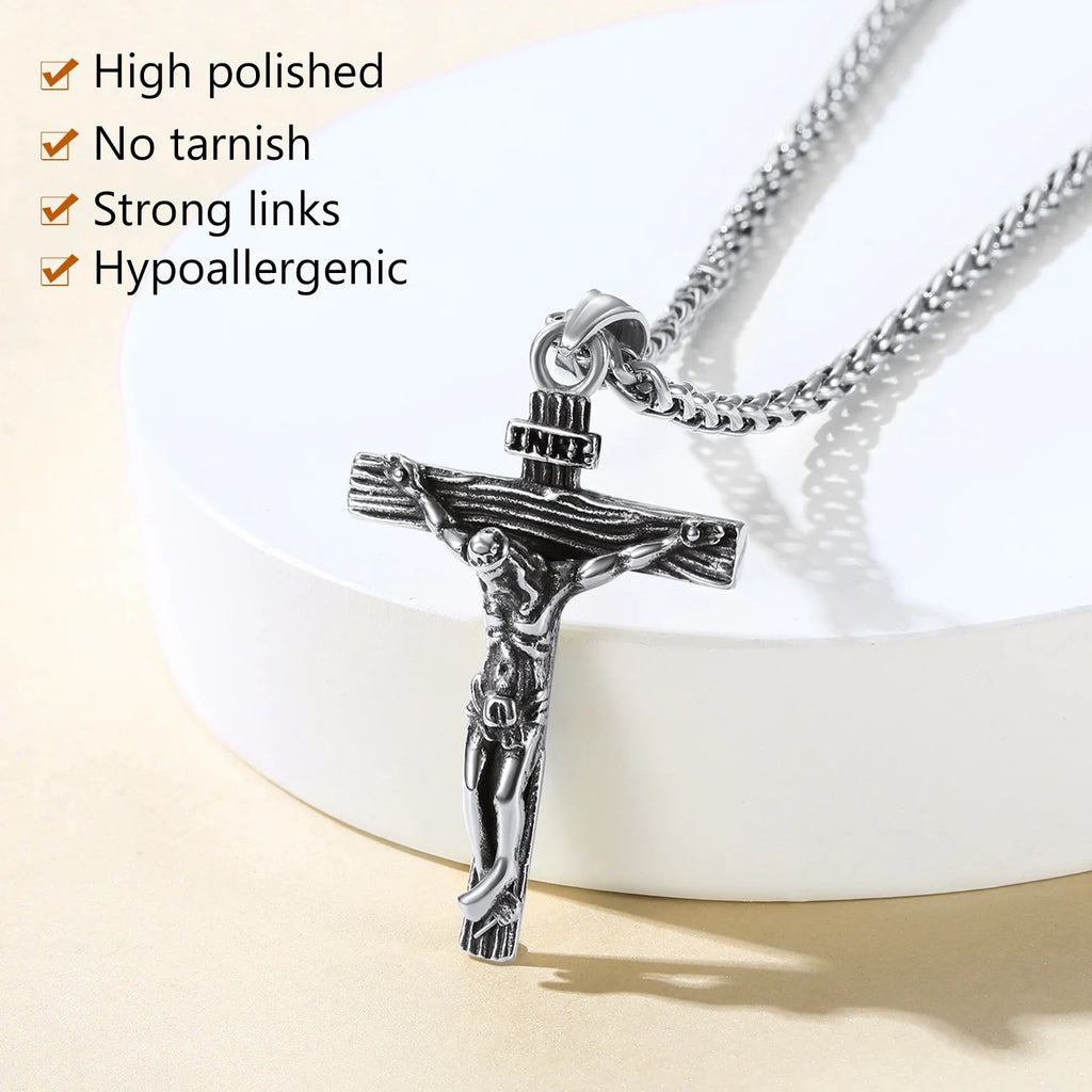 Cross Necklaces for Men Stainless Steel INRI Crucifix Pendant Necklace Jesus Piece Christian Religious Birthday Easter Basket Stuffers Jewelry Gifts Him Son
