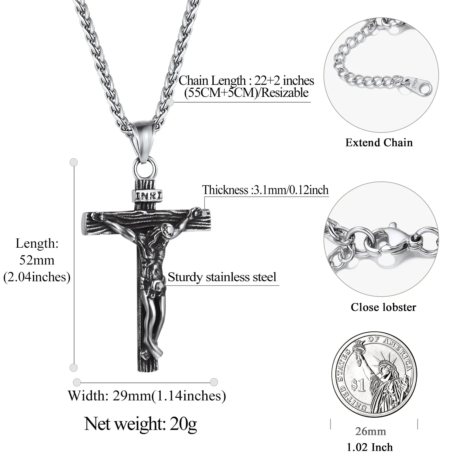 Cross Necklaces for Men Stainless Steel INRI Crucifix Pendant Necklace Jesus Piece Christian Religious Birthday Easter Basket Stuffers Jewelry Gifts Him Son