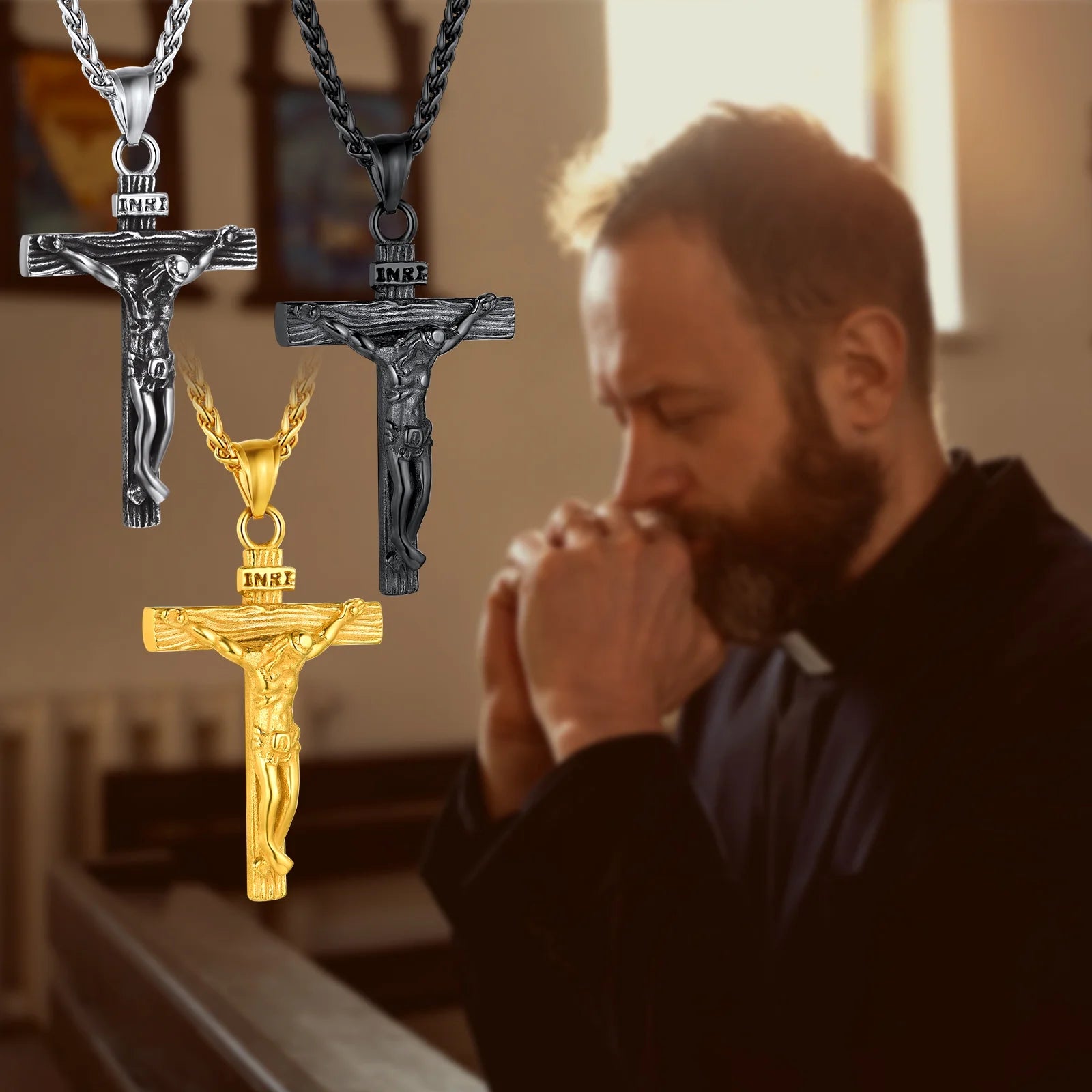 Cross Necklaces for Men Stainless Steel INRI Crucifix Pendant Necklace Jesus Piece Christian Religious Birthday Easter Basket Stuffers Jewelry Gifts Him Son